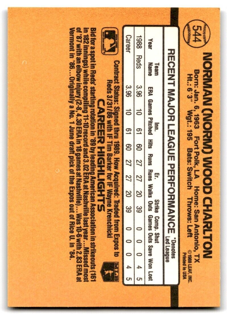 1989 Donruss Norm Charlton Rookie / Cincinnati Reds #544
