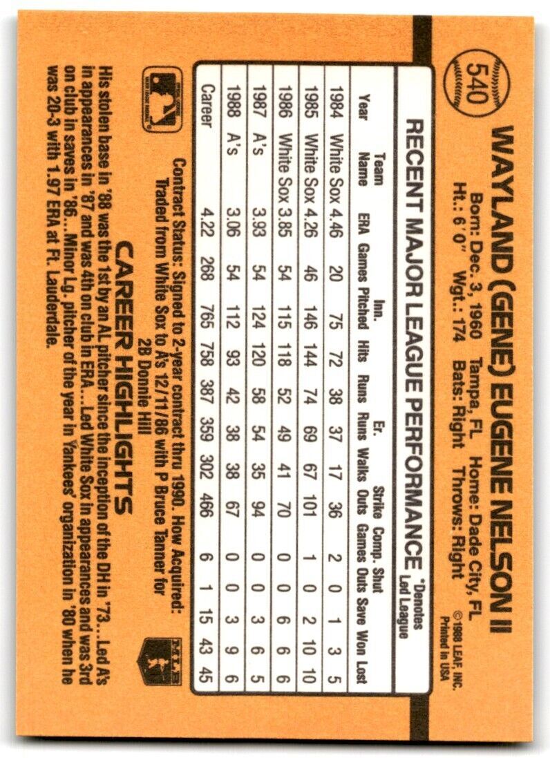 1989 Donruss Gene Nelson P Oakland Athletics #540