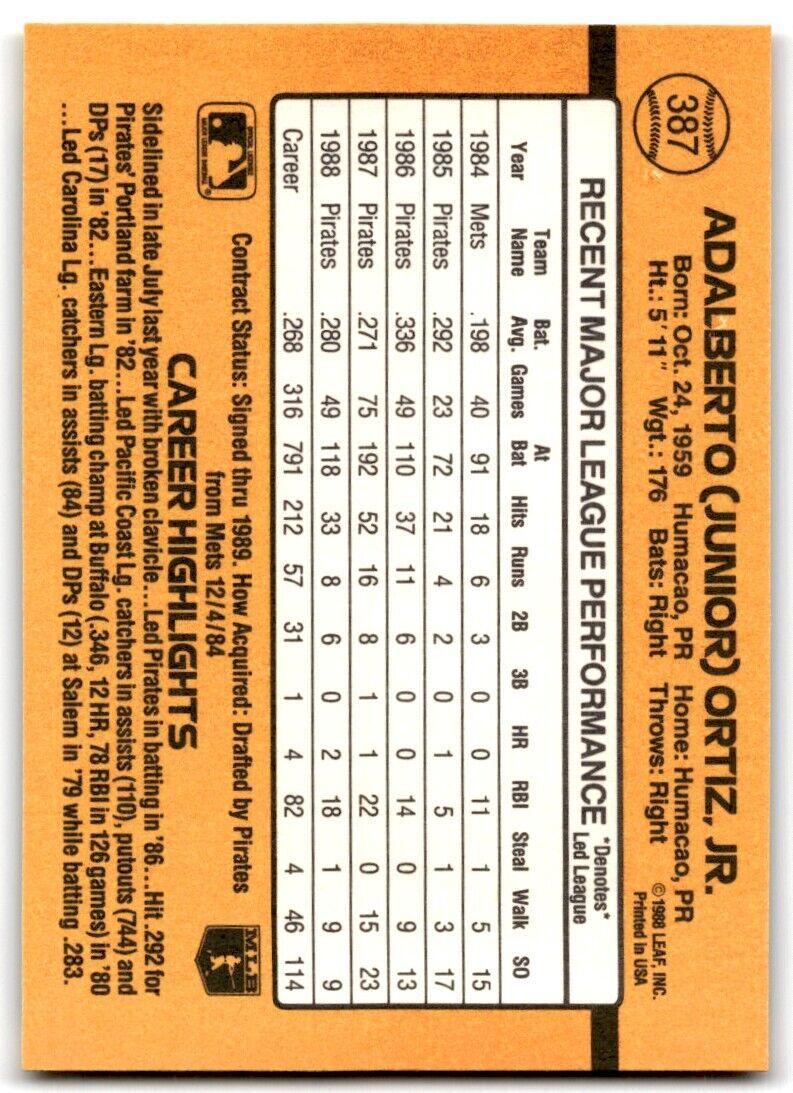 1989 Donruss Junior Ortiz / Pittsburgh Pirates #387