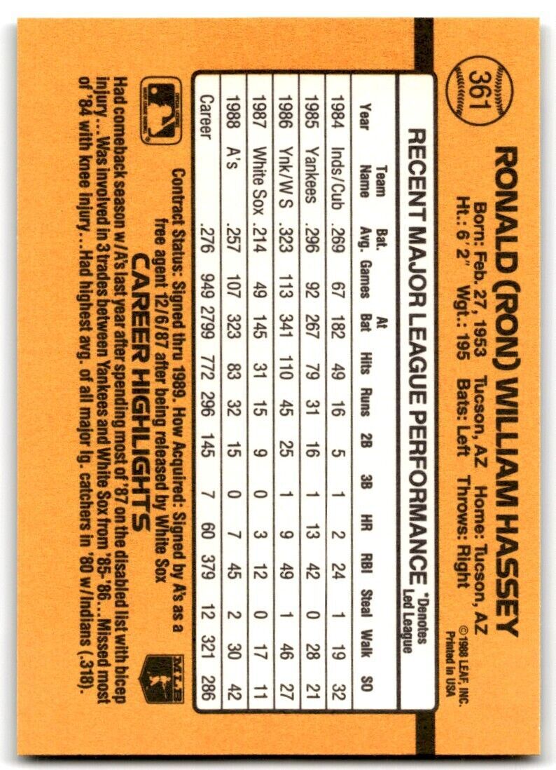 1989 Donruss Ron Hassey c Oakland Athletics #361