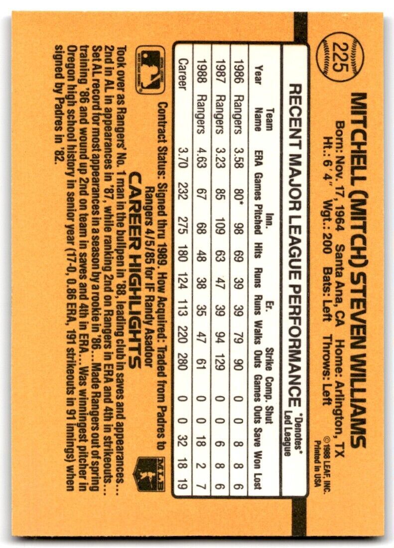 1989 Donruss Mitch Williams b Texas Rangers #225