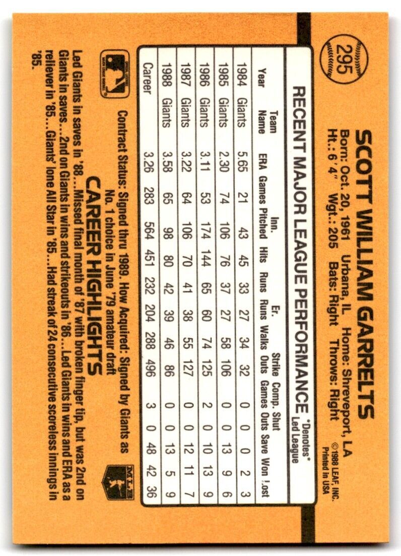 1989 Donruss Scott Garrelts San Francisco Giants #295