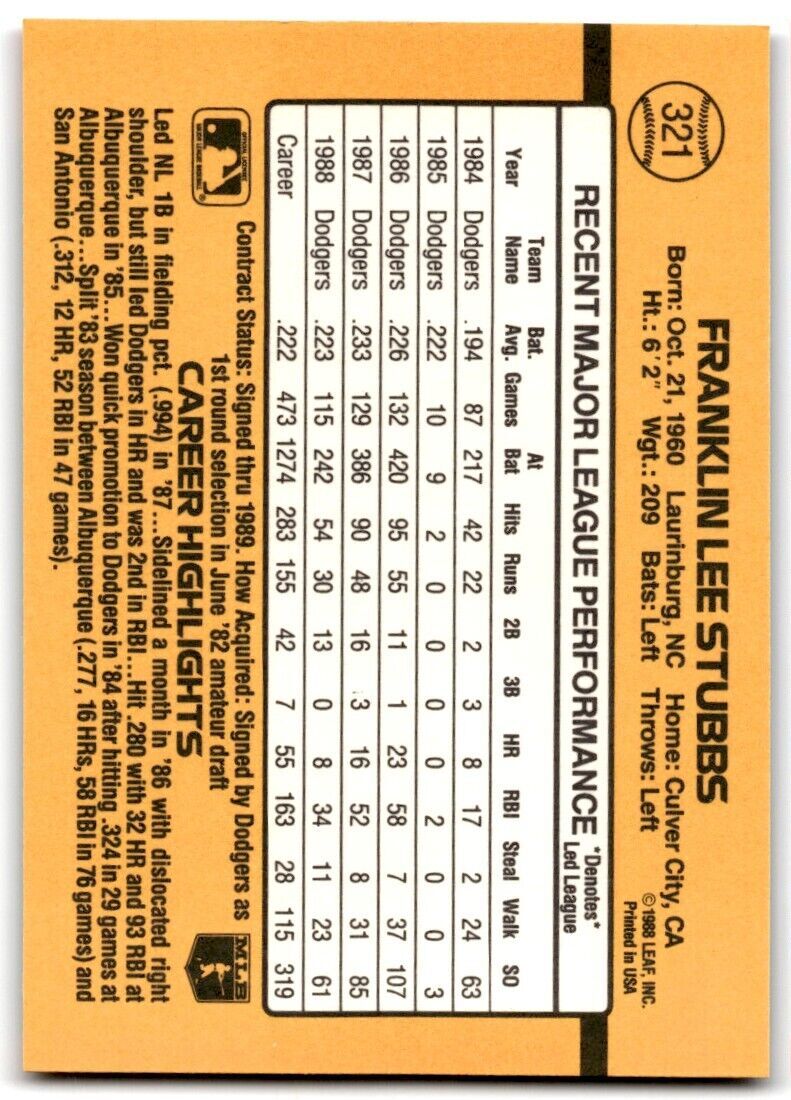 1989 Donruss Franklin Stubbs d Los Angeles Dodgers #321