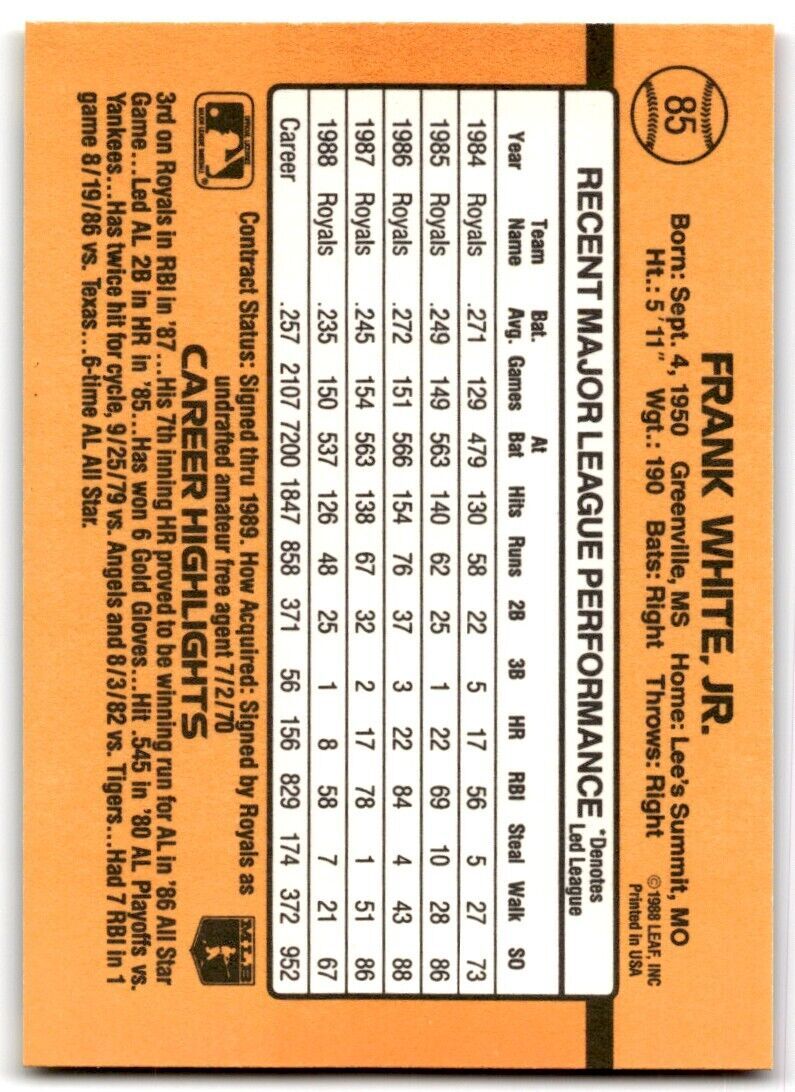 1989 Donruss Frank White / Kansas City Royals #85
