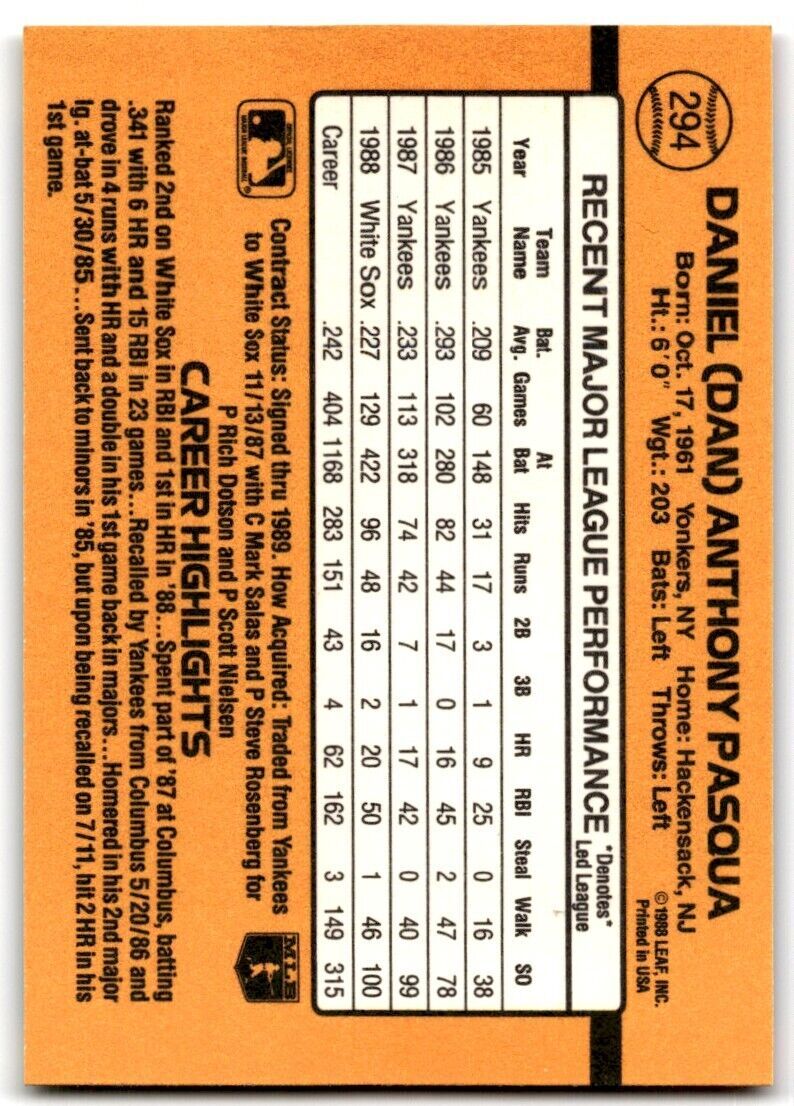 1989 Donruss Dan Pasqua , Chicago White Sox #294