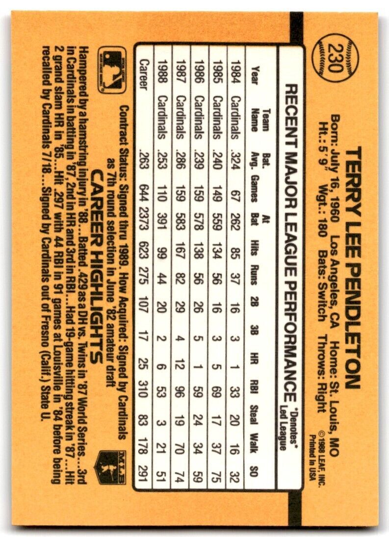 1989 Donruss Terry Pendleton / St. Louis Cardinals #230