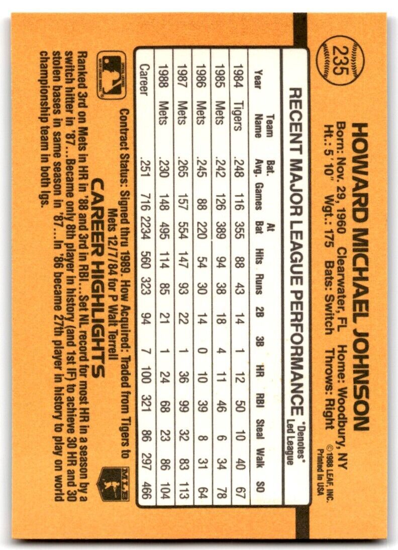 1989 Donruss Howard Johnson . New York Mets #235