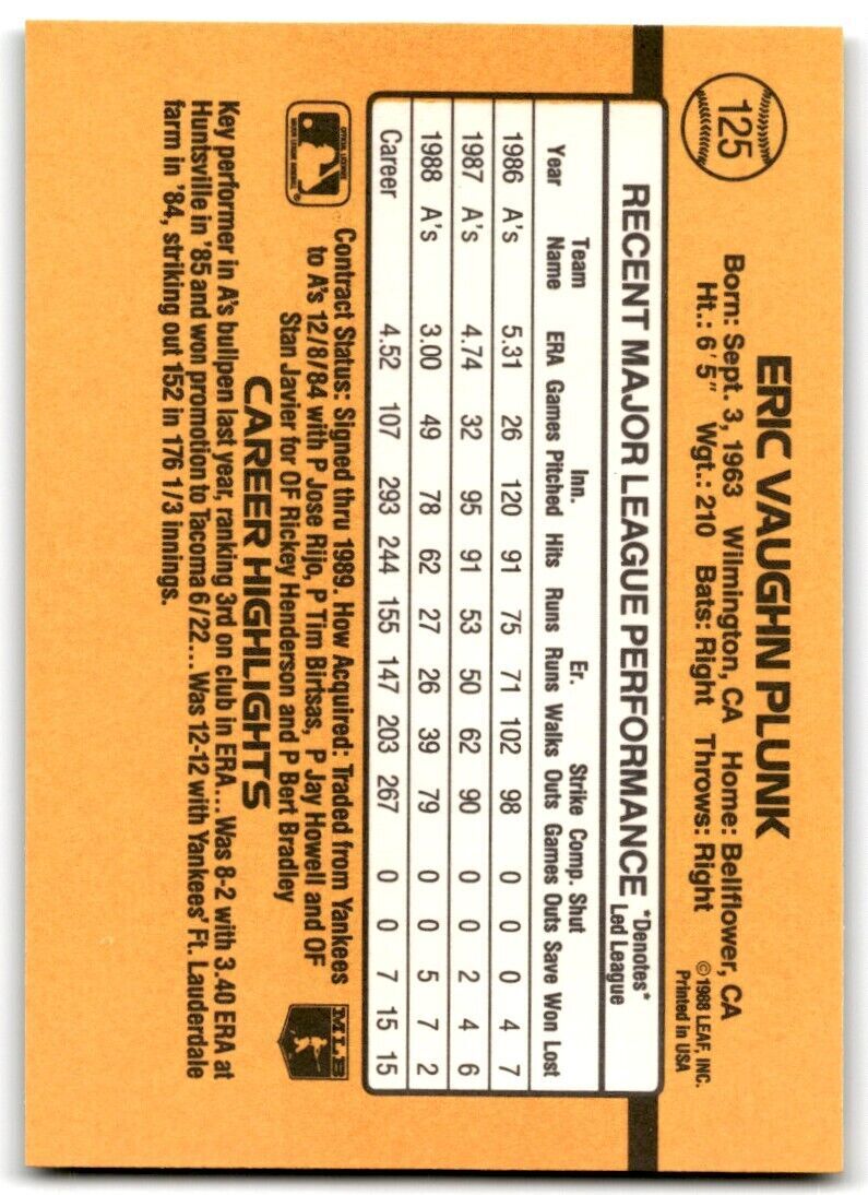 1989 Donruss Eric Plunk b Oakland Athletics #125