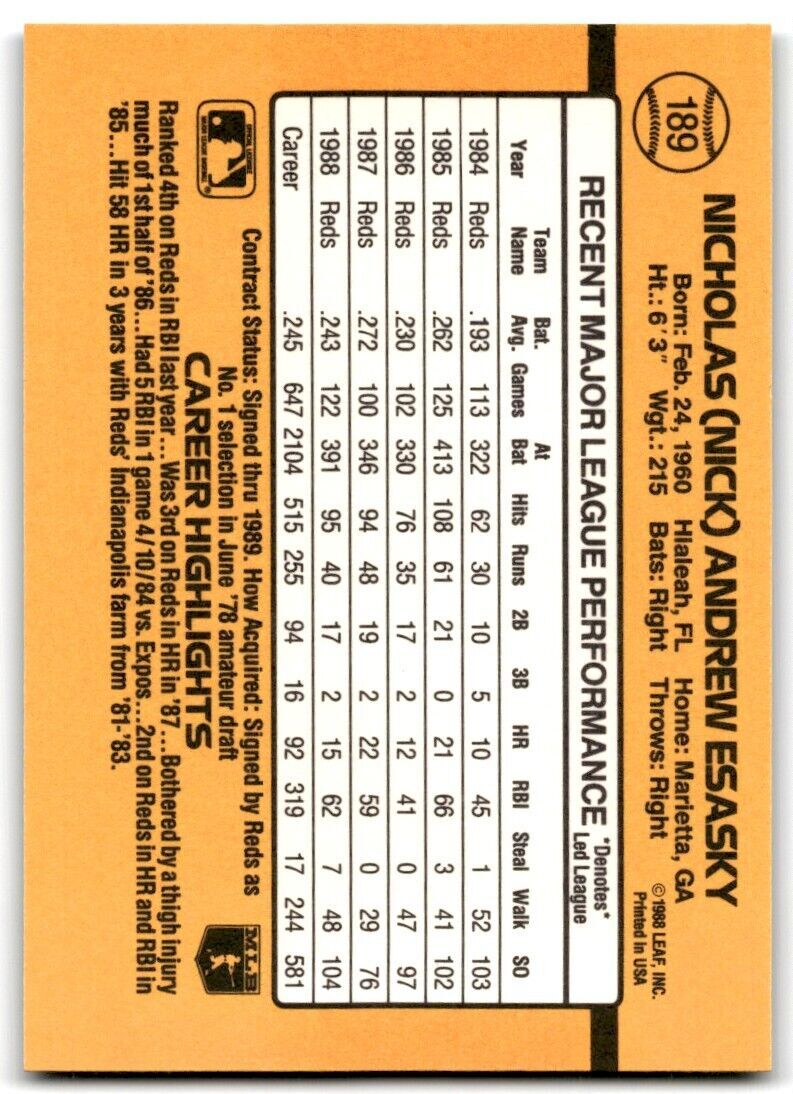1989 Donruss Nick Esasky d Cincinnati Reds #189