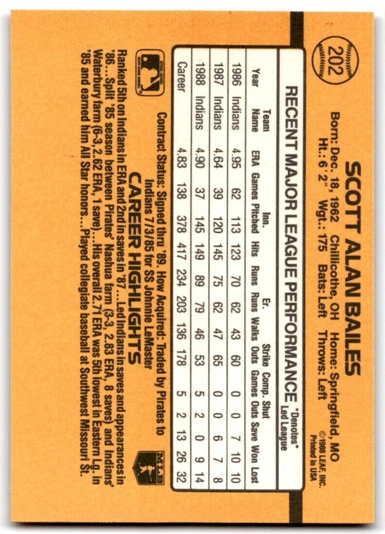 1989 Donruss Scott Bailes , Cleveland Indians #202