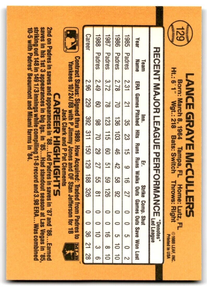 1989 Donruss Lance McCullers / San Diego Padres #129