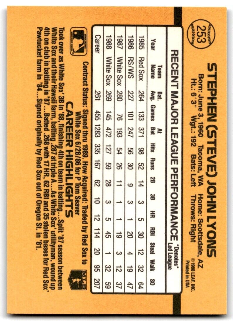 1989 Donruss Steve Lyons P Chicago White Sox #253
