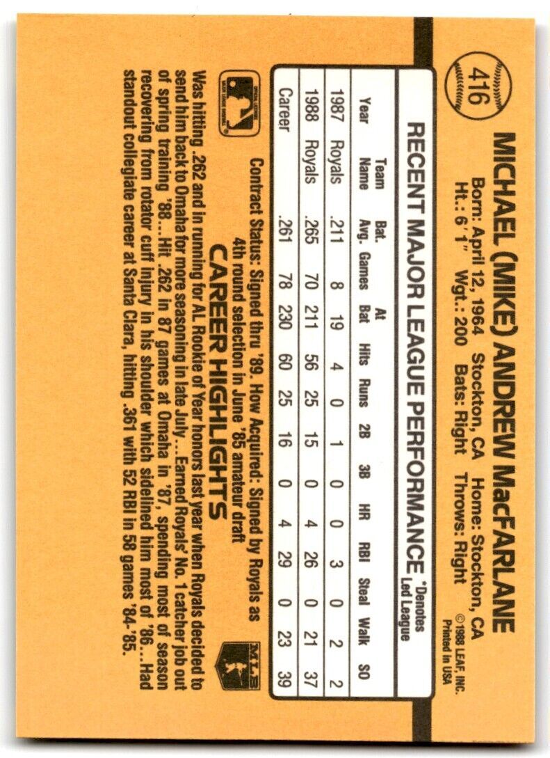 1989 Donruss Mike Macfarlane Rookie , Kansas City Royals #416