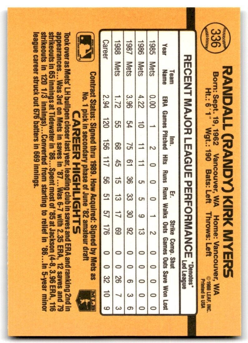 1989 Donruss Randy Myers , New York Mets #336