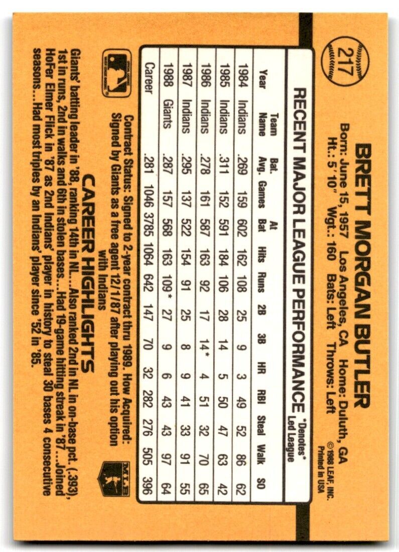 1989 Donruss Brett Butler . San Francisco Giants #217