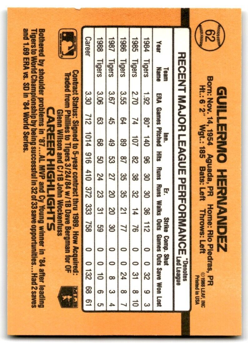 1989 Donruss Guillermo Hernandez , Detroit Tigers #62