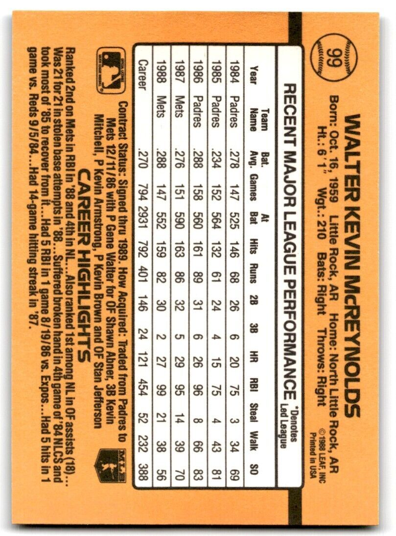 1989 Donruss Kevin McReynolds , New York Mets #99