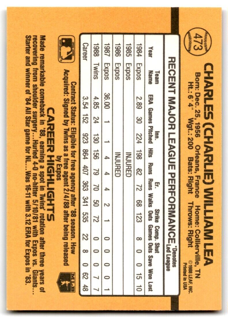 1989 Donruss Charlie Lea P Minnesota Twins #473