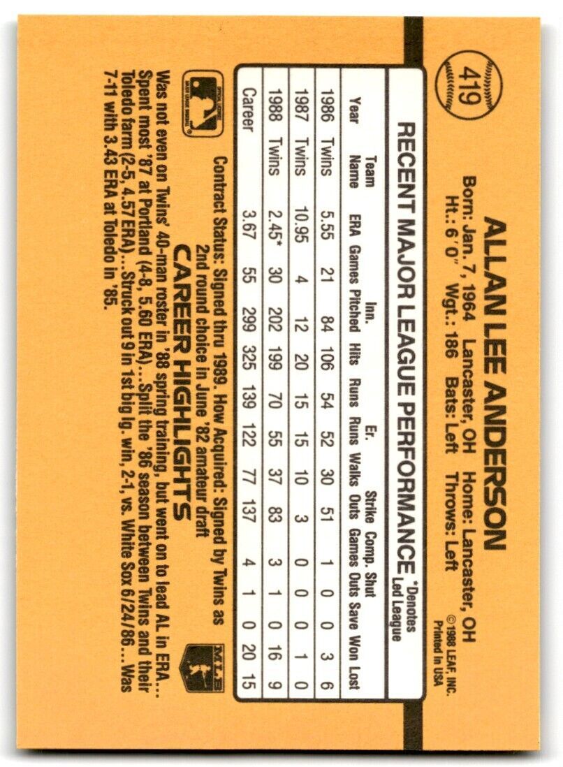 1989 Donruss Allan Anderson \ Minnesota Twins #419