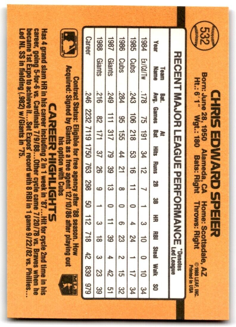 1989 Donruss Chris Speier / San Francisco Giants #532