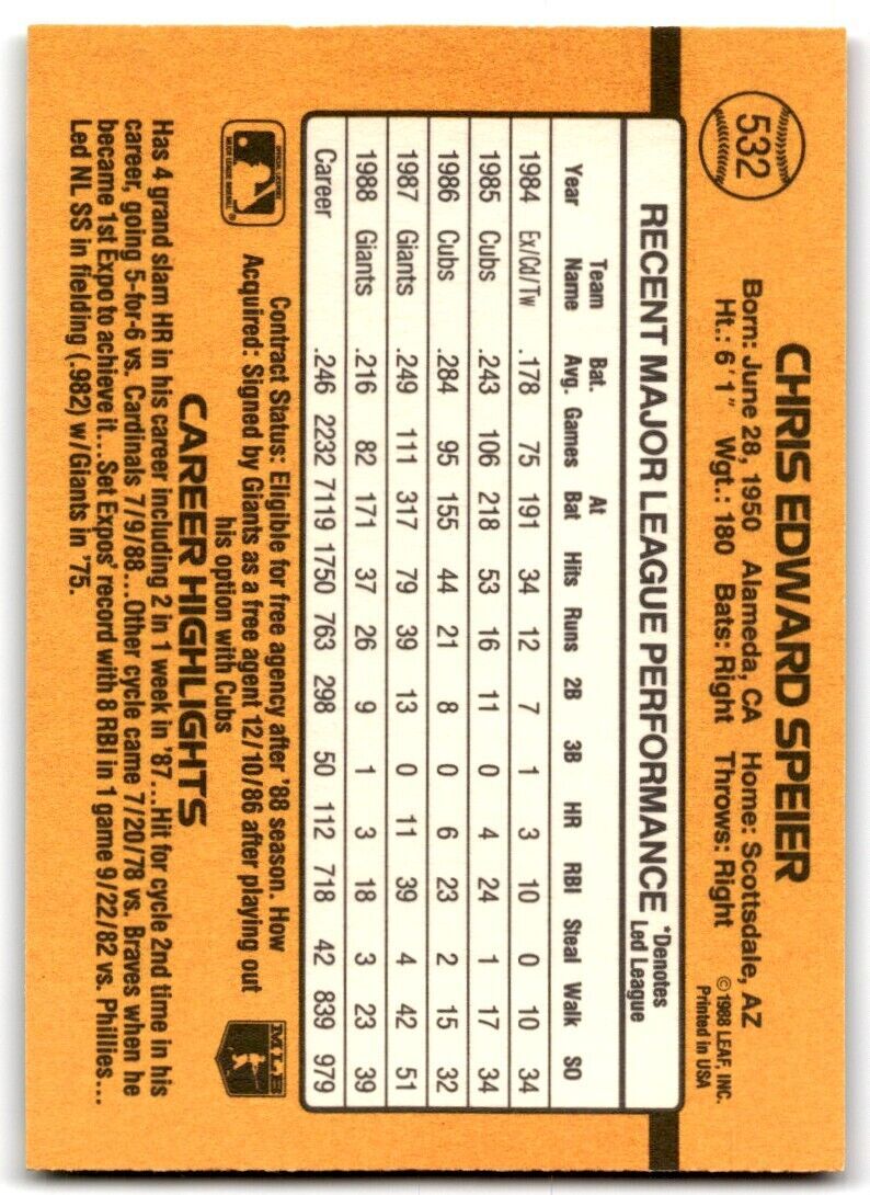 1989 Donruss Chris Speier h San Francisco Giants #532