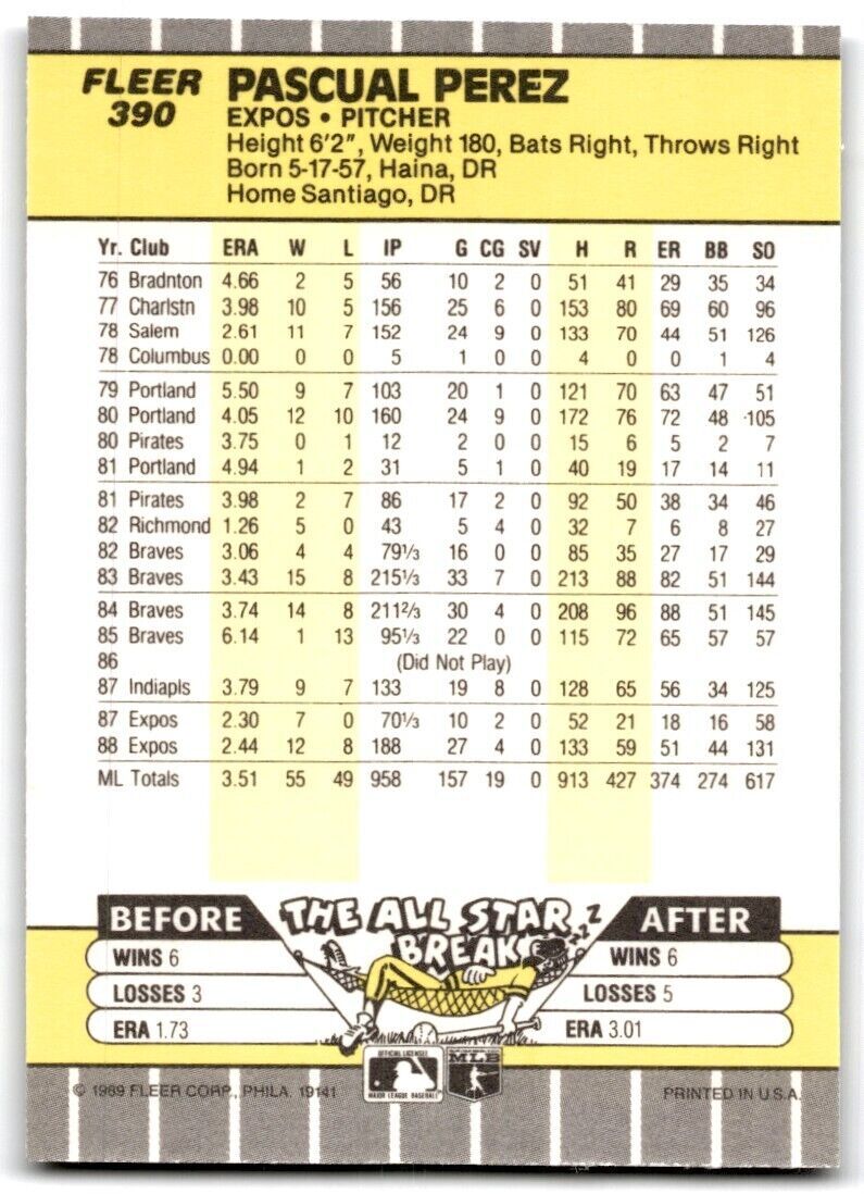 1989 Fleer Pascual Perez Montreal Expos #390