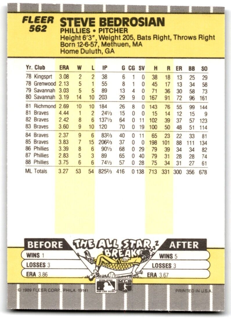 1989 Fleer Steve Bedrosian Philadelphia Phillies #562