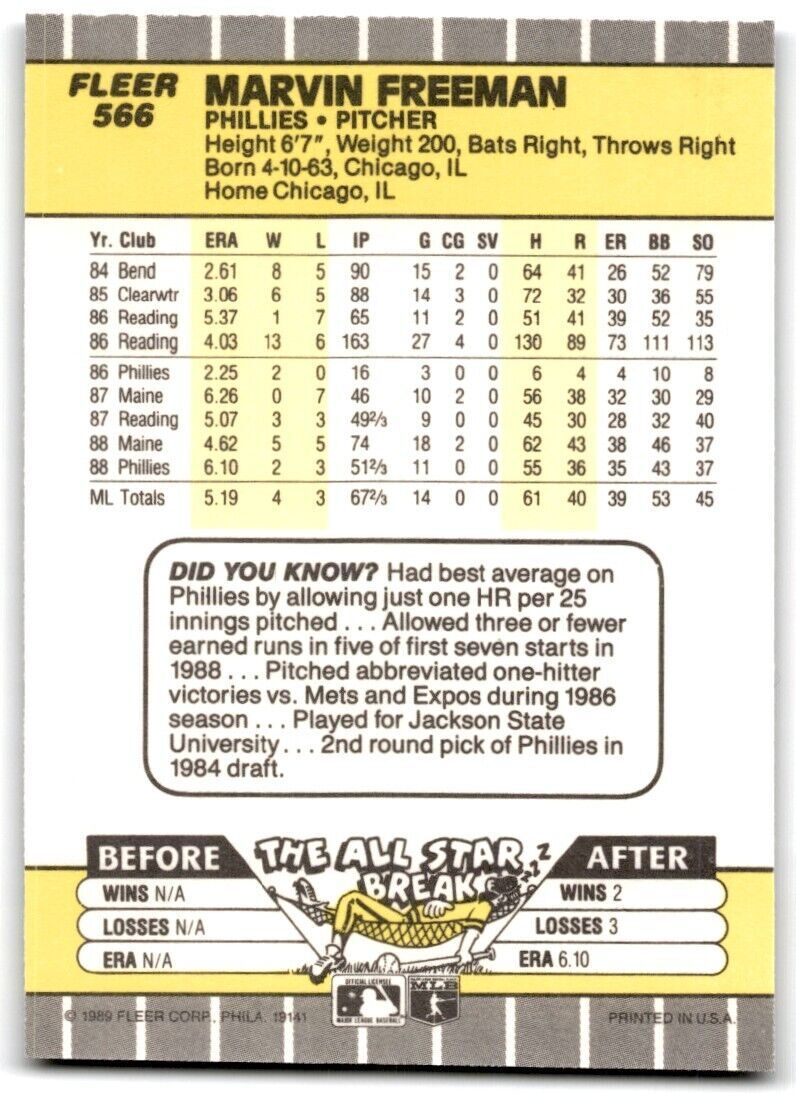 1989 Fleer Marvin Freeman Philadelphia Phillies #566