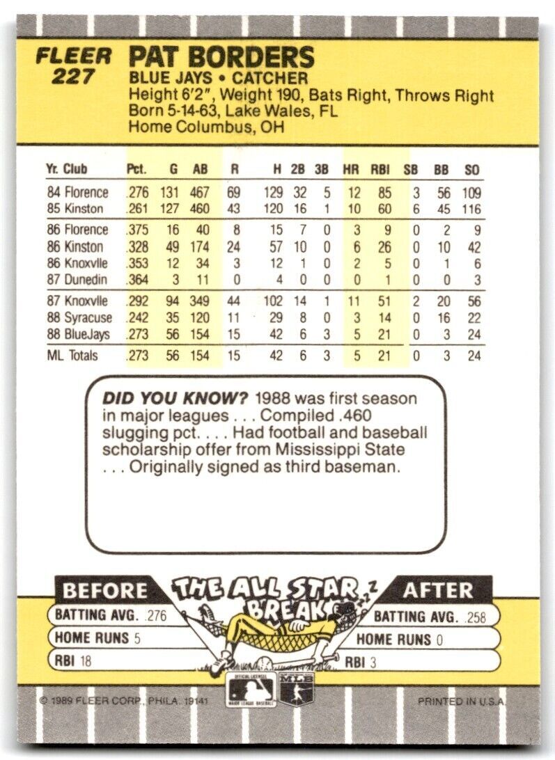 1989 Fleer Pat Borders Rookie c Toronto Blue Jays #227