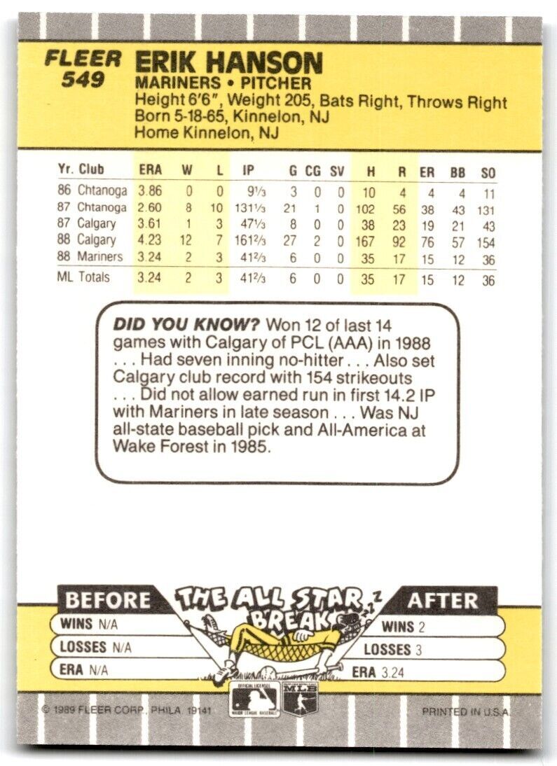 1989 Fleer Erik Hanson Seattle Mariners #549