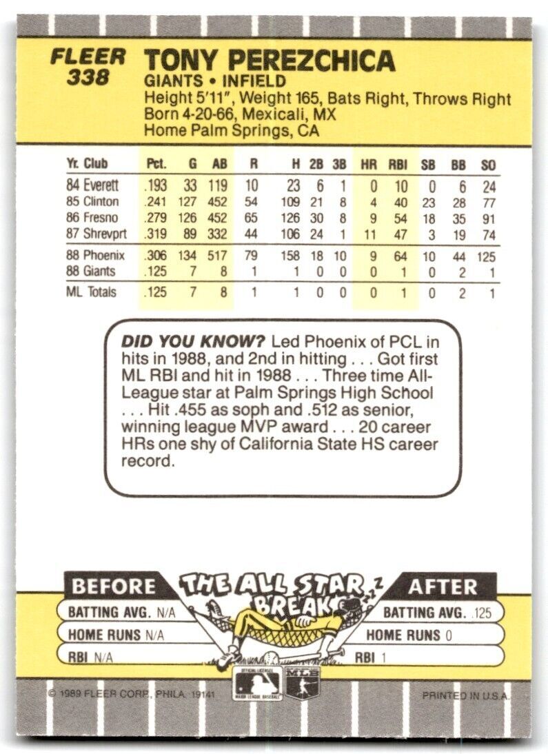 1989 Fleer Tony Perezchica Rookie INF San Francisco Giants #338