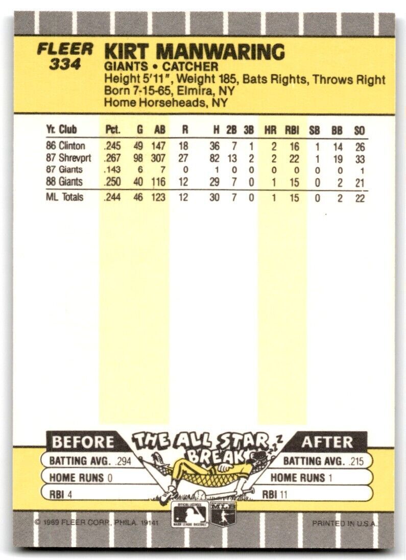 1989 Fleer Kirt Manwaring San Francisco Giants #334