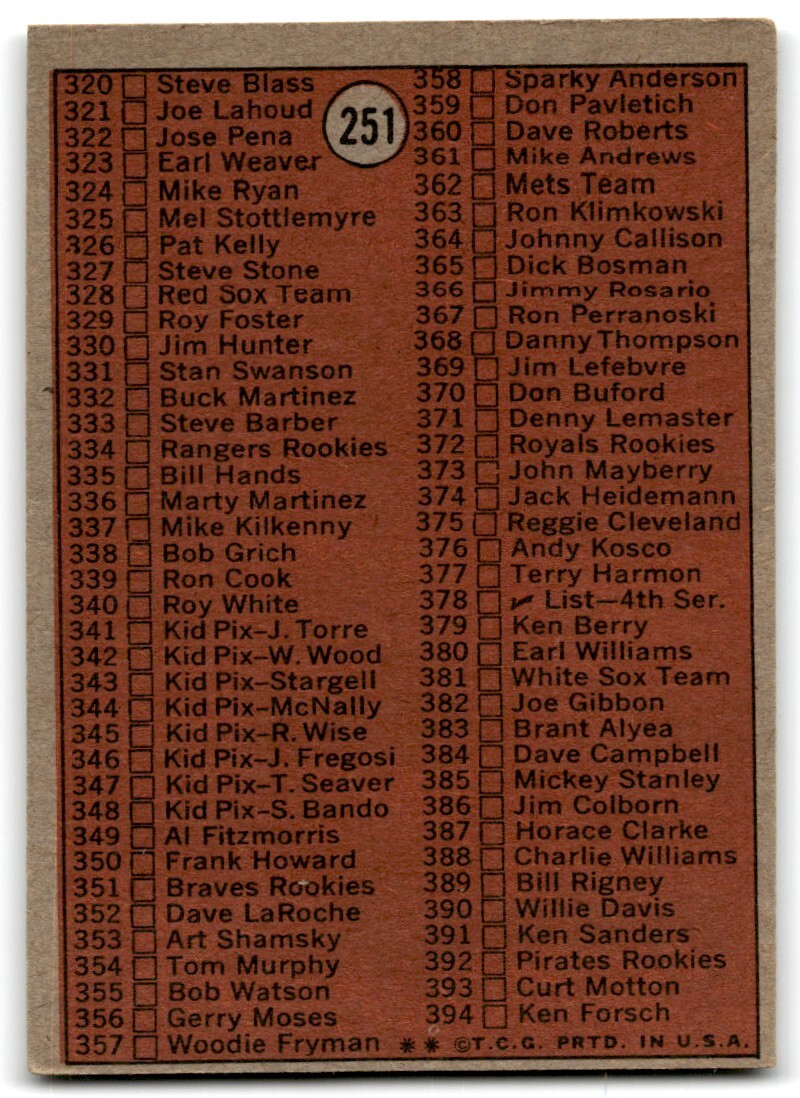 1972 Topps Checklist 3rd Series #251