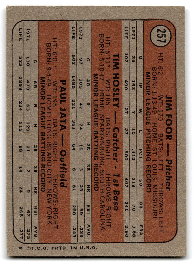 1972 Topps Tigers Rookies - Jim Foor/Tim Hosley/Paul Jata Rookie + Detroit