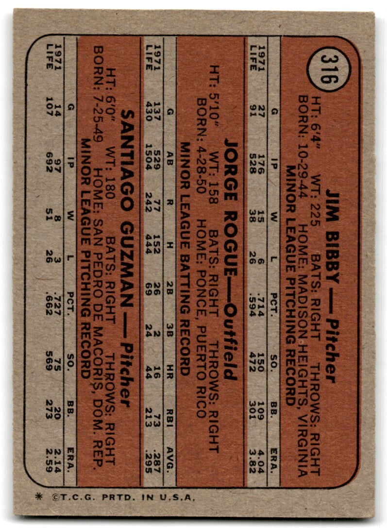 1972 Topps Cardinals Rookies - Jim Bibby/Jorge Roque/Santiago Guzman Rookie 1