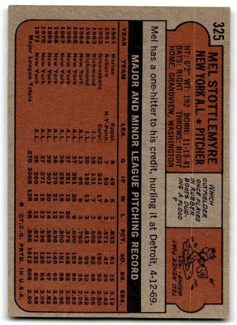 1972 Topps Mel Stottlemyre f New York Yankees #325