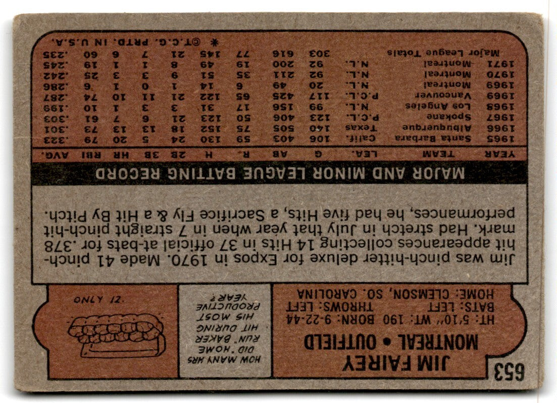 1972 Topps Jim Fairey , Montreal Expos #653