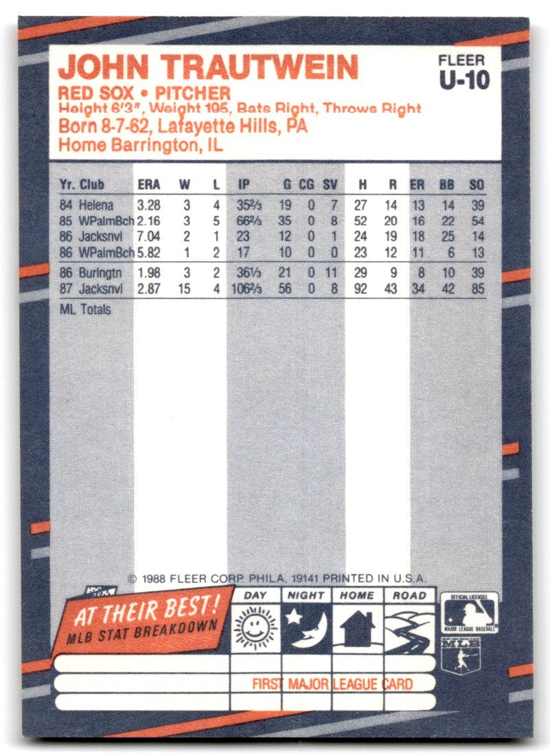1988 Fleer Update John Trautwein Boston Red Sox #U-10