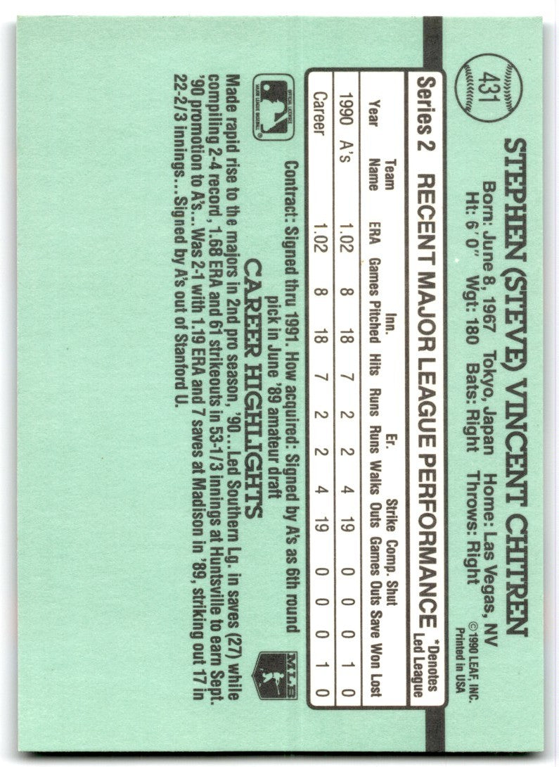 1991 Donruss Steve Chitren Rookie Oakland Athletics #431