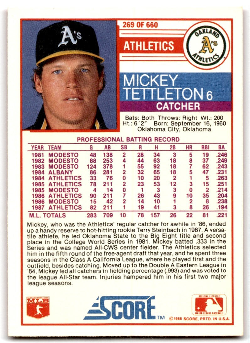 1988 Score Mickey Tettleton Oakland Athletics #269
