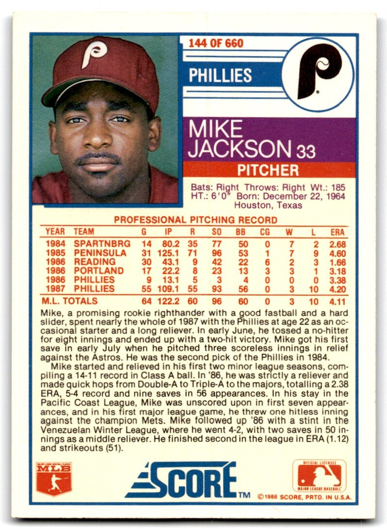 1988 Score Mike Jackson Rookie Philadelphia Phillies #144