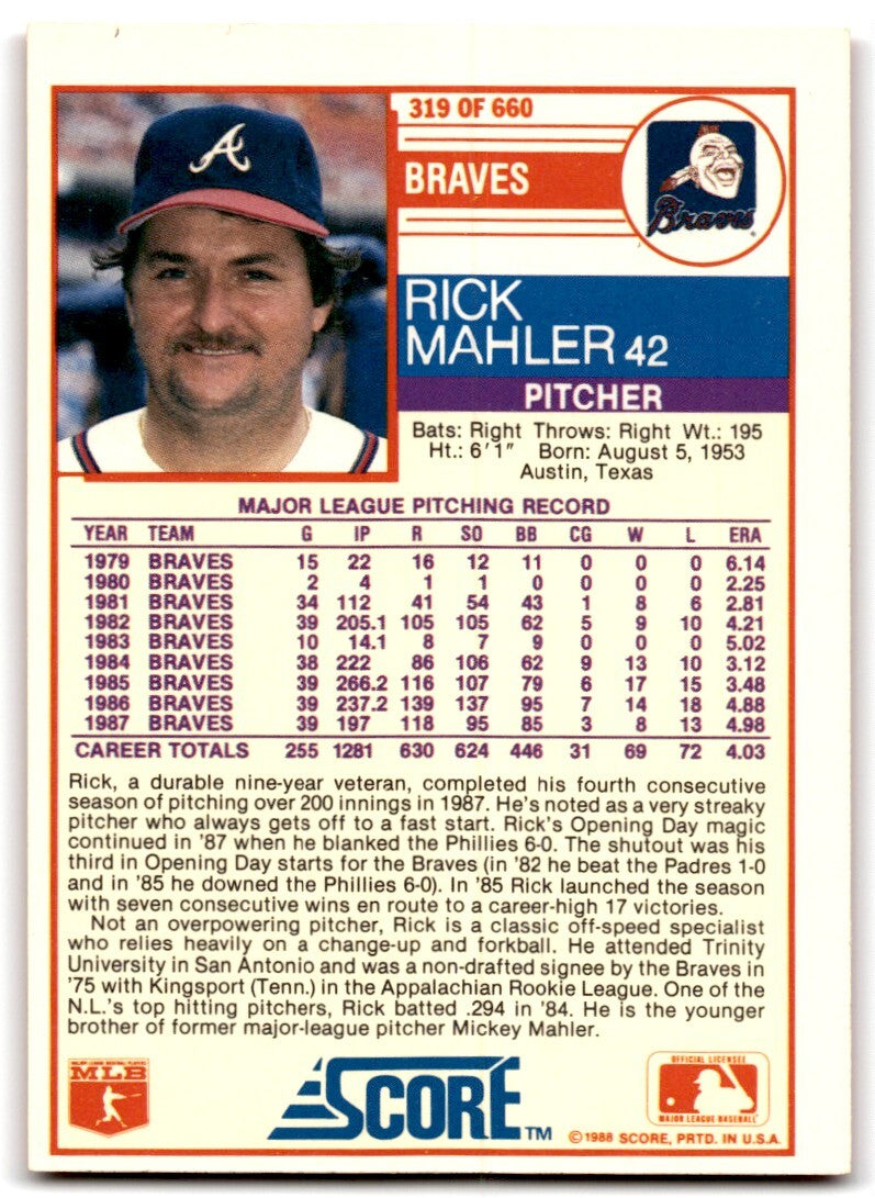 1988 Score Rick Mahler p Atlanta Braves #319