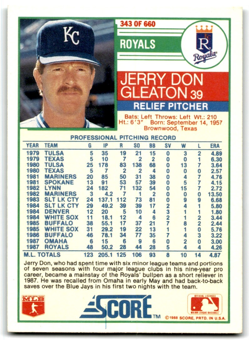 1988 Score Jerry Don Gleaton Kansas City Royals #343