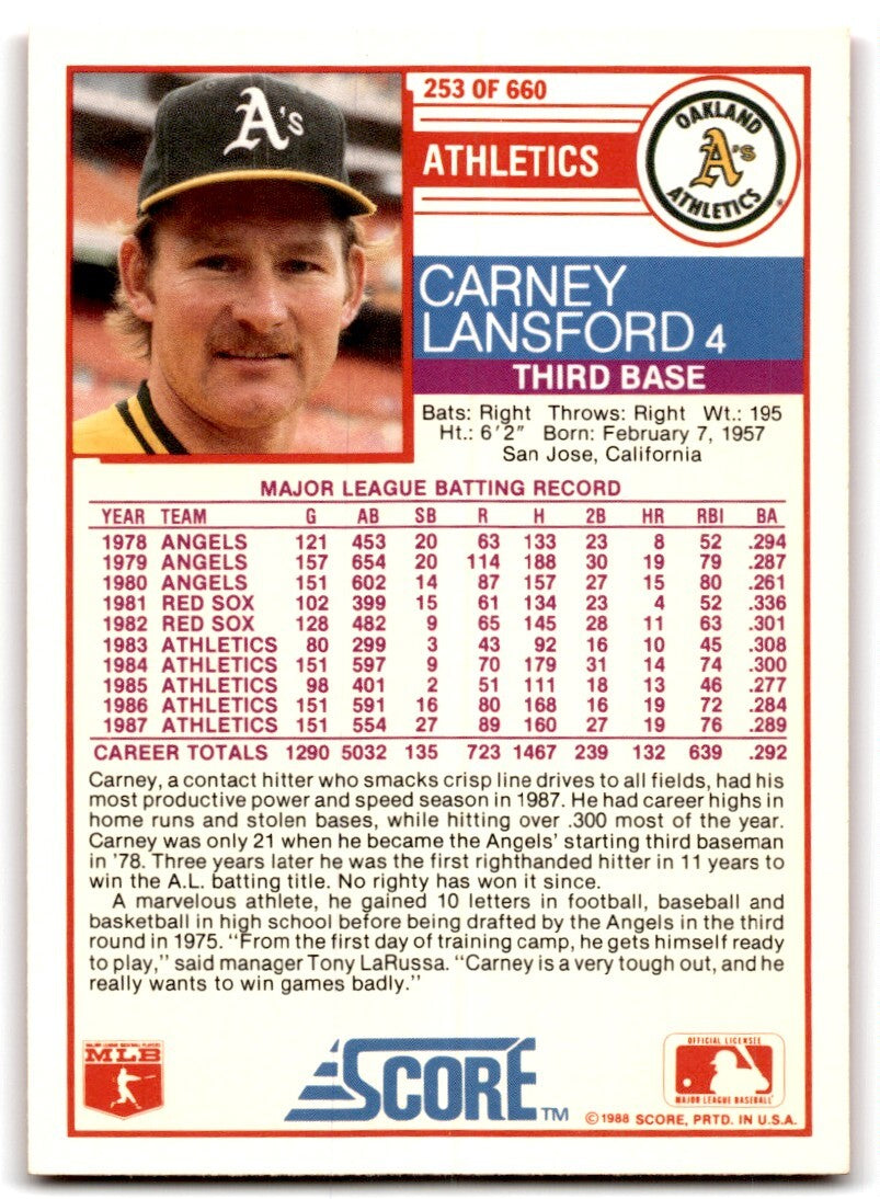 1988 Score Carney Lansford / Oakland Athletics #253