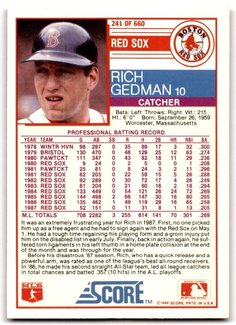 1988 Score Rich Gedman . Boston Red Sox #241