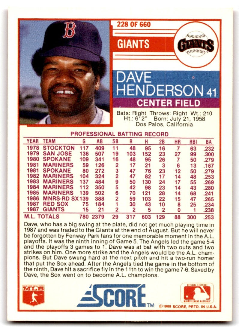 1988 Score Dave Henderson San Francisco Giants #228