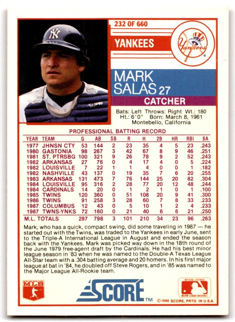 1988 Score Mark Salas New York Yankees #232