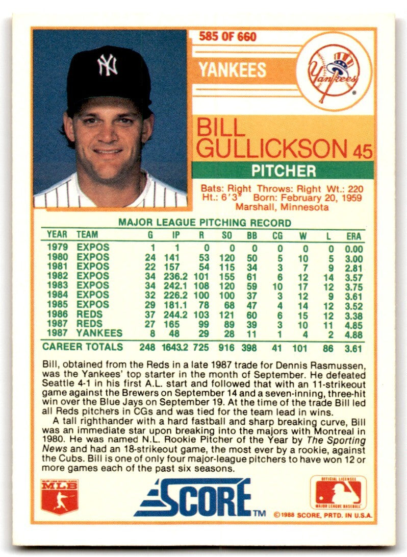 1988 Score Bill Gullickson p New York Yankees #585