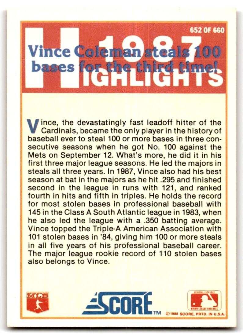 1988 Score Vince Coleman St. Louis Cardinals #652