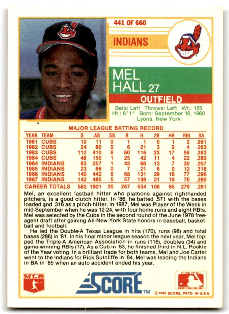 1988 Score Mel Hall of Cleveland Indians #441